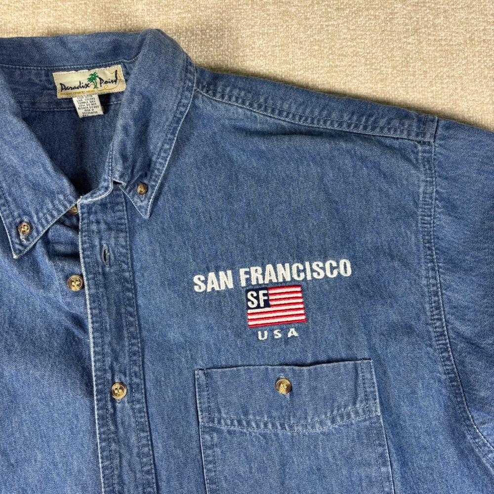Denim Shirt Mens Large Blue Long Sleeve San Francisco USA Embroidery 90s Relaxed - Picture 2 of 7